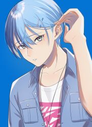 Rule 34 | 1boy, adjusting hair, aoyagi touya, blue background, blue hair, breast pocket, buttons, commentary request, dark blue hair, grey eyes, hair between eyes, hair ornament, hairpin, highres, jacket, jewelry, looking at viewer, male focus, mole, mole under eye, multicolored hair, multiple hairpins, necklace, open clothes, open jacket, pocket, project sekai, short hair, simple background, solo, split-color hair, two-tone hair, upper body, yk62