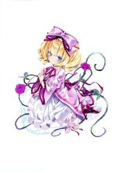 Rule 34 | 1girl, absurdres, black footwear, blonde hair, blush, bow, dress, expressionless, flower, green eyes, hair bow, highres, hinaichigo, looking at viewer, medium hair, neck ribbon, non-web source, pink bow, pink dress, plant, red ribbon, ribbon, rose, rozen maiden, simple background, sitting, solo, thorns, tousen, vines, white background, wide sleeves