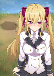Rule 34 | 1girl, ahoge, blonde hair, blurry, blurry background, blush, bow, bowtie, breasts, closed mouth, cowboy shot, day, embarrassed, grass, hair between eyes, highres, large breasts, long hair, long sleeves, looking down, nijisanji, outdoors, page number, pee stain, pink eyes, school uniform, skirt, sky, solo, standing, takamiya rion, tenkafubu rengou, twintails, virtual youtuber