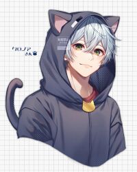 Rule 34 | 1boy, animal hood, black hood, black hoodie, cat hood, cat tail, character request, closed mouth, copyright request, green eyes, hair between eyes, highres, hood, hoodie, male focus, mochi ggg, red shirt, shirt, short hair, smile, solo, tail, white hair