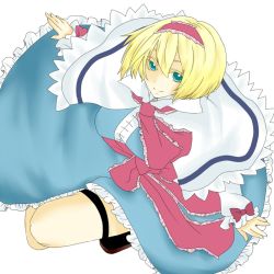 Rule 34 | 1girl, alice margatroid, bad id, bad pixiv id, blonde hair, bow, capelet, female focus, from above, green eyes, hairband, ribbon, short hair, simple background, solo, touhou, white background, yutazou