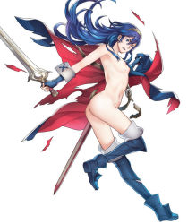 Rule 34 | ass, blue hair, boots, breasts, cape, falchion (fire emblem), fingerless gloves, fire emblem, fire emblem awakening, fire emblem heroes, gloves, long hair, lucina (fire emblem), navel, nintendo, nipples, nude, nude filter, small breasts, sword, tagme, third-party edit, weapon