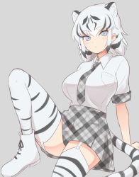 Rule 34 | 10s, 1girl, animal ears, animal print, bad id, bad pixiv id, black hair, blue eyes, breasts, gloves, grey background, kemono friends, large breasts, looking at viewer, multicolored hair, necktie, plaid, plaid necktie, plaid neckwear, plaid skirt, shirt, short hair, simple background, sitting, skirt, solo, striped tail, tail, thighhighs, tiger ears, tiger tail, white hair, white tiger (kemono friends), white tiger print, yuukagen (poipoipopoino)