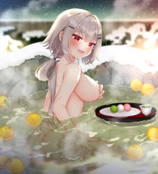 Rule 34 | 1girl, :d, areola slip, artist name, ass, blurry, blurry background, blush, breasts, character request, commentary request, completely nude, copyright request, covering breasts, covering privates, cup, dango, food, fruit, gradient sky, hair between eyes, hair rings, half-closed eyes, large breasts, long hair, looking at viewer, looking back, naomi (fantasia), night, night sky, nude, onsen, open mouth, orange (fruit), partially submerged, plate, ponytail, red eyes, sanshoku dango, silver hair, sky, smile, snow, solo, star (sky), starry sky, tray, very long hair, wagashi