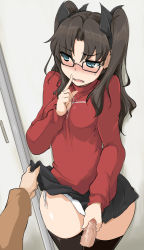 Rule 34 | 1boy, 1girl, aqua eyes, bespectacled, black hair, black thighhighs, blush, breasts, clothes lift, disembodied penis, embarrassed, erection, fate/stay night, fate (series), finger to mouth, full-face blush, glasses, hair ribbon, handjob, hetero, highres, hip focus, momio, panties, penis, pov, ribbon, shushing, side-tie panties, skirt, skirt lift, thighhighs, tohsaka rin, two side up, uncensored, underwear, white panties, wide hips