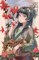 Rule 34 | 1girl, artist name, basket, beads, blue eyes, blunt bangs, chinese clothes, clivenzu, commentary, copyright name, english commentary, flower, freckles, green hair, green hanfu, green robe, hair beads, hair ornament, hanfu, highres, holding, holding flower, kusuriya no hitorigoto, long hair, long sleeves, looking at viewer, lotus, maomao (kusuriya no hitorigoto), multi-tied hair, mushroom, parted lips, red flower, robe, signature, solo, upper body