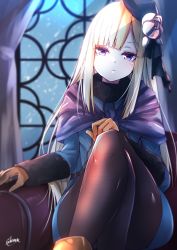 Rule 34 | 1girl, absurdres, black pantyhose, blonde hair, blue dress, blue hat, capelet, closed mouth, crossed legs, dress, fate/grand order, fate (series), flower, gloves, hat, hat flower, highres, indoors, long hair, long sleeves, looking at viewer, orange gloves, pantyhose, purple capelet, purple eyes, reines el-melloi archisorte, shiny clothes, shiny legwear, short dress, signature, sitting, solo, very long hair, white flower, yanagiba sakana