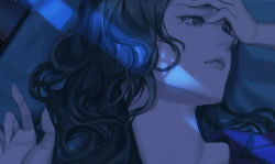 Rule 34 | 1girl, bed sheet, black eyes, black hair, blue theme, cellphone, closed mouth, commentary, curly hair, doloyume, english commentary, female focus, fingernails, frown, hand on forehead, highres, long hair, looking away, looking to the side, lying, mole, mole under eye, night, on back, on bed, original, phone, portrait, sad, smartphone, solo, tearing up, tears