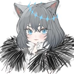 Rule 34 | 1boy, animal ears, blue eyes, cape, cat ears, collared shirt, commentary, crown, diamond hairband, fate/grand order, fate (series), fur-trimmed cape, fur trim, grey hair, highres, male focus, medium hair, no wings, oberon (fate), oberon (third ascension) (fate), shirt, simple background, solo, upper body, white background, white shirt, yurumawari