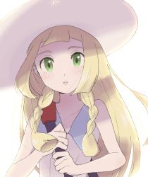 Rule 34 | 1girl, blonde hair, blunt bangs, blush, braid, collarbone, collared dress, commentary request, creatures (company), dress, eyelashes, game freak, green eyes, hat, highres, holding strap, lillie (pokemon), long hair, looking at viewer, nakikot t, nintendo, parted lips, pokemon, pokemon sm, sleeveless, sleeveless dress, solo, sun hat, twin braids, upper body, white dress