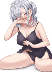 Rule 34 | 1girl, absurdres, ahoge, black panties, blue eyes, blush, breasts, cleavage, closed mouth, clothes lift, collarbone, covered erect nipples, grey hair, highres, kantai collection, kiritto, large breasts, lifted by self, long hair, one side up, panties, simple background, solo, suzutsuki (kancolle), underwear, white background