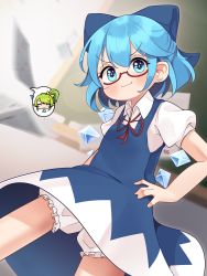 Rule 34 | 1girl, absurdres, bloomers, blue bow, blue dress, blue eyes, blue hair, blush, bow, cirno, closed mouth, collared shirt, daiyousei, detached wings, dress, fairy, farrel kb, glasses, hair between eyes, hair bow, highres, ice, ice wings, puffy short sleeves, puffy sleeves, red-framed eyewear, semi-rimless eyewear, shirt, short hair, short sleeves, signature, smile, solo, touhou, underwear, white bloomers, white shirt, wings