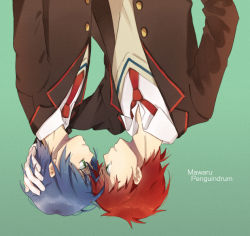 Rule 34 | 10s, 2boys, blazer, blue hair, brothers, copyright name, eye contact, face-to-face, green background, green eyes, hand on another&#039;s head, holding head, io (sinking=carousel), jacket, light smile, looking at another, male focus, mawaru penguindrum, multiple boys, necktie, profile, red hair, school uniform, short hair, siblings, simple background, takakura kanba, takakura shouma, upside-down