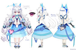 Rule 34 | 1girl, absurdres, bare shoulders, black gloves, blue footwear, blue gloves, blue skirt, blush, closed mouth, crescent, elbow gloves, gloves, gradient gloves, hair between eyes, halo, headgear, heart, high heels, highres, indie virtual youtuber, long hair, looking at viewer, maid headdress, multiple views, navel, official art, padko, power symbol, profile, red eyes, see-through, shiodome oji, shirt, shoes, simple background, skirt, sleeveless, sleeveless shirt, smile, standing, tail, translation request, very long hair, virtual youtuber, white background, white hair, white shirt, wifi symbol