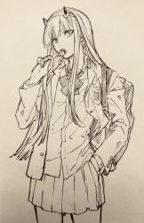 Rule 34 | 10s, 1girl, arms behind head, bag, candy, darling in the franxx, food, hand in pocket, head tilt, highres, horns, lollipop, long hair, monochrome, ricenyan, shoulder bag, solo, straight hair, traditional media, zero two (darling in the franxx)