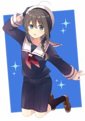Rule 34 | 1girl, adapted costume, ahoge, black gloves, black hair, black serafuku, black socks, blue background, blue eyes, braid, brown footwear, commentary, english commentary, full body, gloves, hair over shoulder, hat, highres, kantai collection, kneehighs, loafers, long hair, looking at viewer, neckerchief, red neckerchief, sailor collar, sailor hat, school uniform, serafuku, shigure (kancolle), shoes, shorts, single braid, single glove, socks, solo, sparkle background, twitter username, two-tone background, white hat, white sailor collar, yukichi (eikichi)
