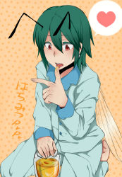 Rule 34 | 1girl, androgynous, antennae, bifrst, earrings, female focus, green hair, heart, highres, honey, jewelry, licking, pajamas, patterned background, red eyes, reverse trap, short hair, solo, touhou, wings, wriggle nightbug