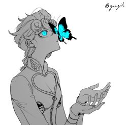 Rule 34 | 1girl, blue eyes, breasts, bug, butterfly, butterfly on nose, cleavage, cleavage cutout, clothing cutout, cupping hands, genderswap, genderswap (mtf), giorno giovanna, insect, jojo no kimyou na bouken, ladybug, own hands together, sempon (doppio note), small breasts, solo, spot color, vento aureo