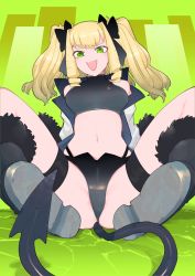 Rule 34 | + +, 1girl, :d, ass, bare shoulders, black panties, black shirt, black shorts, blonde hair, boots, bow, character request, crop top, crosshair pupils, demon tail, drill hair, giant, giant ojou-sama, giantess, green eyes, hair bow, halterneck, highleg, highleg panties, highres, jacket, looking at viewer, medium hair, micro shorts, midriff, navel, nikukaiq, open clothes, open jacket, open mouth, panties, panties under shorts, reclining, shirt, shorts, sitting, smile, solo, spread legs, tail, thigh strap, thighs, two side up, underwear