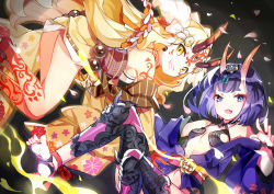 Rule 34 | 2girls, bad id, bad pixiv id, blonde hair, blue eyes, breasts, fang, fate/grand order, fate (series), floating hair, floral print, grin, hand up, headpiece, horns, ibaraki douji (fate), japanese clothes, kimono, leg tattoo, long hair, looking at viewer, multiple girls, oni, open mouth, petals, purple hair, purple kimono, revealing clothes, shuten douji (fate), skin-covered horns, small breasts, smile, soles, tattoo, thick eyebrows, toes, yellow eyes, yellow kimono, zhenming