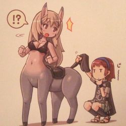 Rule 34 | !?, 1boy, 1girl, ^^^, agro, animal ears, blonde hair, blush, breasts, brown hair, centaur, cropped, duplicate, english text, long hair, monster girl, open mouth, personification, sandals, shadow of the colossus, shigatake, short hair, surcoat, surprised, taur, wander (shadow of the colossus)