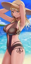 Rule 34 | 1girl, armpits, arms up, bare arms, bare shoulders, black one-piece swimsuit, blonde hair, blue eyes, blue sky, blurry, breasts, brown hat, cleavage, cowboy shot, day, depth of field, halterneck, hat, highres, idolmaster, idolmaster shiny colors, izumi mei, large breasts, long hair, looking at viewer, ocean, one-piece swimsuit, outdoors, sky, smile, solo, sukebewe, sun hat, swimsuit, thighs, tongue, tongue out, water, wavy hair