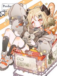 Rule 34 | 1girl, arknights, blonde hair, bright pupils, character doll, cursor, hair ornament, highres, horns, ifrit (arknights), in shopping cart, long sleeves, looking at viewer, orange eyes, pixelated, rhine lab logo, saria (arknights), saucer (saucer752), shoes, shopping cart, silence (arknights), sleeves past fingers, sleeves past wrists, sneakers, socks, solo, star-shaped pupils, star (symbol), striped, striped background, sweater, symbol-shaped pupils, white pupils, window (computing)