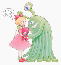 Rule 34 | 1girl, 2015, blonde hair, blush, bow, character request, dress, extra arms, green eyes, grin, hair bow, memi, monster, mother (game), nintendo, paula (mother 2), smile, standing, stuffed animal, stuffed toy, teddy bear, tentacles, white background