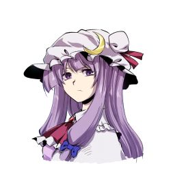 Rule 34 | 1girl, bow, crescent, hair bow, hat, kakao (noise-111), long hair, patchouli knowledge, purple eyes, purple hair, ribbon, simple background, solo, touhou, white background