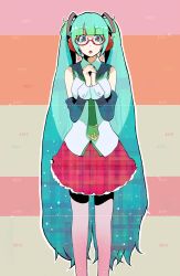 Rule 34 | 1girl, aqua eyes, aqua hair, carlos toshiki, detached sleeves, female focus, glasses, own hands clasped, hatsune miku, headphones, highres, long hair, necktie, open mouth, own hands together, skirt, solo, twintails, very long hair, vocaloid