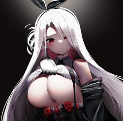 Rule 34 | 1girl, absurdres, areola slip, azur lane, bare shoulders, black gloves, black hairband, black ribbon, blush, breast lift, breasts, character request, closed mouth, clothes lift, corset, crop top, dark background, eyes visible through hair, gloves, gradient background, hair over one eye, hair ribbon, hairband, highres, large breasts, lifted by self, looking at viewer, mole, mole under eye, nicorima, off shoulder, prinz heinrich (azur lane), red eyes, ribbon, silver hair, solo, straight hair, underboob, upper body, wing collar