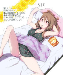 Rule 34 | 1girl, bad id, bad pixiv id, bed, blanket, blush, brown eyes, brown hair, chips (food), clothes lift, dress, dress lift, drooling, extra, food, higata akatsuki, k-on!, long hair, lying, on back, panties, pillow, potato chips, solo, spread legs, tachibana himeko, translation request, underwear