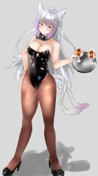 Rule 34 | 1girl, absurdres, animal ears, atalanta (fate), atalanta alter (fate), black leotard, brown pantyhose, cat ears, cat tail, collar, cup, drinking glass, fate/apocrypha, fate/grand order, fate (series), full body, green eyes, grey background, highres, juniks, kittysuit, leotard, long hair, looking at viewer, multiple tails, nontraditional playboy bunny, pantyhose, playboy bunny, shadow, silver hair, simple background, solo, standing, strapless, strapless leotard, tail, tray, two tails, wine glass