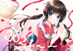 Rule 34 | 1girl, 2021, animal, animal ears, apron, black hair, blue eyes, blurry, blurry foreground, chinese zodiac, closed mouth, commentary request, cow, cow ears, cow horns, cream, depth of field, floral print, food, frilled sleeves, frills, fruit, holding, horns, japanese clothes, kimono, kohinata hoshimi, long hair, long sleeves, low twintails, original, pastry bag, red kimono, smile, solo, strawberry, twintails, very long hair, white apron, wide sleeves, year of the ox