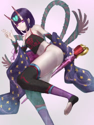 Rule 34 | 1girl, absurdres, aito, breasts, closed mouth, fate/grand order, fate (series), feet, highres, horns, japanese clothes, looking at viewer, navel, oni, purple eyes, purple hair, short hair, shuten douji (fate), simple background, skin-covered horns, small breasts, smile, solo, thighhighs