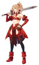 Rule 34 | ankle boots, armor, bandeau, bikini, boots, braid, clarent (fate), detached collar, fate (series), green eyes, grin, hair ornament, hair scrunchie, high heel boots, high heels, highres, holding, holding sword, holding weapon, makimura shunsuke, mordred (fate), mordred (fate/apocrypha), navel, parted bangs, ponytail, puffy sleeves, red bikini, red scrunchie, scrunchie, smile, solo, swimsuit, sword, thighhighs, weapon