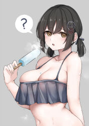 Rule 34 | 1girl, ?, @ @, absurdres, alternate hairstyle, bikini, bikini top only, black hair, breasts, chinese commentary, food, frilled bikini top, haguro (kancolle), hair ornament, highres, jiangyou dang, kantai collection, large breasts, midriff, navel, popsicle, simple background, solo, swimsuit, twintails, yellow eyes