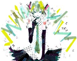 Rule 34 | 1girl, abstract, blue eyes, collage, elbow gloves, gloves, hatsune miku, headphones, headset, long hair, necktie, puzzle, puzzle (vocaloid), ryono, skirt, solo, syoring, traditional media, twintails, very long hair, vocaloid