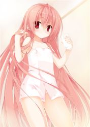 Rule 34 | 1girl, ahoge, bare legs, blush, detexted, hidan no aria, holding, indoors, kanzaki h. aria, long hair, looking at viewer, pink hair, red eyes, short sleeves, solo, standing, tareme, third-party edit, towel, very long hair