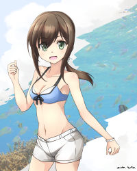 Rule 34 | 10s, 1girl, :o, alternate breast size, armband, bikini, bikini top only, blue bikini, breasts, brown hair, cleavage, commentary request, flower, fubuki (kancolle), green eyes, hair between eyes, hair flower, hair ornament, highres, kantai collection, looking at viewer, medium breasts, minosu, open mouth, ponytail, shorts, solo, swimsuit