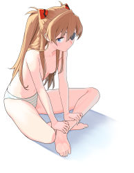 Rule 34 | 1girl, absurdres, barefoot, blue eyes, breasts, evangelion: 3.0+1.0 thrice upon a time, hair between eyes, hair censor, highres, indian style, long hair, looking at viewer, neon genesis evangelion, orange hair, panties, rebuild of evangelion, sitting, small breasts, solo, souryuu asuka langley, striped clothes, striped panties, topless, two side up, underwear, white background