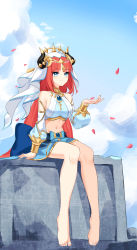 Rule 34 | 1girl, absurdres, bare legs, bare shoulders, barefoot, blue eyes, blue nails, blue skirt, blue sky, blush, breasts, brooch, cloud, commentary, crop top, czk, day, detached sleeves, genshin impact, hand up, highres, horns, jewelry, large breasts, long hair, long sleeves, midriff, nail polish, navel, nilou (genshin impact), petals, red hair, sitting, skirt, sky, smile, solo, stomach, toenail polish, toenails, veil, very long hair