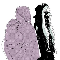 Rule 34 | 1boy, 1girl, 1other, arm at side, asclepius (fate), bird mask, closed mouth, fate/grand order, fate (series), from side, greyscale, holding baby, hood, hood up, hooded jacket, jacket, long hair, long sleeves, looking at viewer, mask, masked, monochrome, nobicco, plague doctor mask, robe, screentones, short hair, simple background, smile, spot color, very long hair, white background