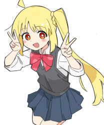 Rule 34 | 1girl, black jacket, blonde hair, blue skirt, bocchi the rock!, bow, bowtie, double v, fusazakura, highres, ijichi nijika, jacket, long hair, looking at viewer, orange eyes, red bow, red bowtie, shirt, sketch, skirt, smile, solo, twintails, v, very long hair, white background, white shirt
