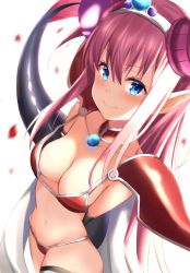 Rule 34 | 10s, 1girl, armor, bikini, bikini armor, black thighhighs, blue eyes, blurry, blush, breasts, cleavage, closed mouth, collarbone, depth of field, elizabeth bathory (brave) (fate), elizabeth bathory (fate), fate/extra, fate/extra ccc, fate/grand order, fate (series), from above, from side, hair between eyes, horns, long hair, looking at viewer, maosame, medium breasts, pointy ears, purple hair, red armor, red bikini, sidelocks, simple background, smile, solo, swimsuit, tail, thighhighs, white background