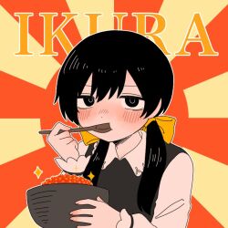 Rule 34 | 1girl, apricot (vocaloid), black dress, black eyes, black hair, blush, bow, bowl, collared shirt, commentary request, dress, eating, fish (food), hair bow, hair over shoulder, half-closed eyes, holding, holding spoon, ikura (food), long sleeves, looking at viewer, low twintails, multiple hair bows, orange background, outline, pinafore dress, shirt, sleeveless, sleeveless dress, solo, spoon, sunburst, sunburst background, twintails, upper body, vocaloid, white outline, white shirt, wooden spoon, yellow bow, zako (zakodayo00)