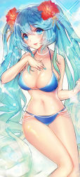 Rule 34 | 1girl, aqua hair, bikini, blue bikini, blue eyes, blue nails, blush, breasts, cleavage, cloud, day, flower, gradient hair, hair flower, hair ornament, hand on own chest, hibiscus, jewelry, joypyonn, large breasts, league of legends, long hair, lowleg, lowleg bikini, multicolored hair, nail polish, navel, necklace, pearl necklace, shiny skin, sitting, sky, solo, sona (league of legends), sparkle, swimsuit, thigh gap, thighs, twintails, very long hair