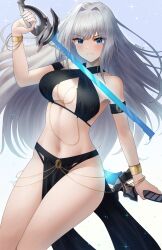 Rule 34 | 1girl, alternate costume, arm strap, belly chain, black bra, black panties, blue eyes, bra, breasts, chain, cleavage, cleavage cutout, clothing cutout, commentary, criss-cross halter, doiparuni, dual wielding, english commentary, ethel (xenoblade), gold chain, grey hair, hair intakes, halterneck, highres, holding, holding sword, holding weapon, jewelry, large breasts, long hair, looking at viewer, meme attire, monolith soft, navel, panties, parted lips, pelvic curtain, simple background, smile, solo, sword, underwear, weapon, white background, xeno (series), xenoblade chronicles (series), xenoblade chronicles 3, yomorio lingerie