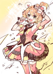 Rule 34 | 1girl, blush, bracelet, breasts, dress, freyja wion, heart, holding, holding microphone, idol, idol clothes, jewelry, macross, macross delta, microphone, open hand, orange dress, orange hair, short hair, side ponytail, small breasts, smile, solo, thighhighs, tinkle2013, wrist bow