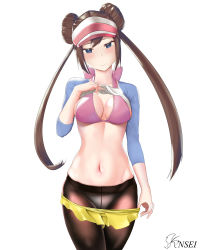 Rule 34 | 1girl, artist name, back bow, black pantyhose, blue eyes, blush, bow, bow panties, bra, breasts, brown hair, closed mouth, clothes lift, clothes pull, collarbone, cowboy shot, creatures (company), double bun, female focus, game freak, hair bun, hand up, happy, hat, head tilt, highres, knsei, lifting own clothes, long hair, long sleeves, looking at viewer, medium breasts, micro shorts, navel, nintendo, panties, panties under pantyhose, pantyhose, pink bow, pink bra, pink hat, pokemon, pokemon bw2, raglan sleeves, rosa (pokemon), see-through, shiny skin, shirt, shirt lift, short shorts, shorts, shorts pull, simple background, smile, solo, standing, stomach, straight-on, twintails, underwear, visor cap, watermark, white background, white panties, white shirt, yellow shorts